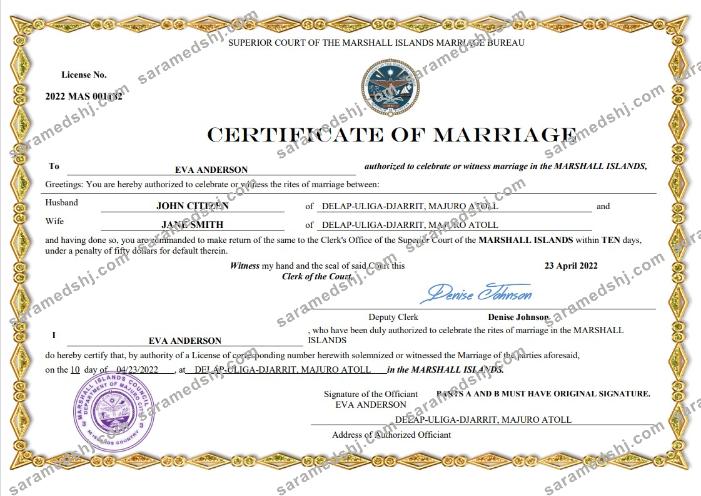 Marshall Islands marriage certificate Word and PDF template